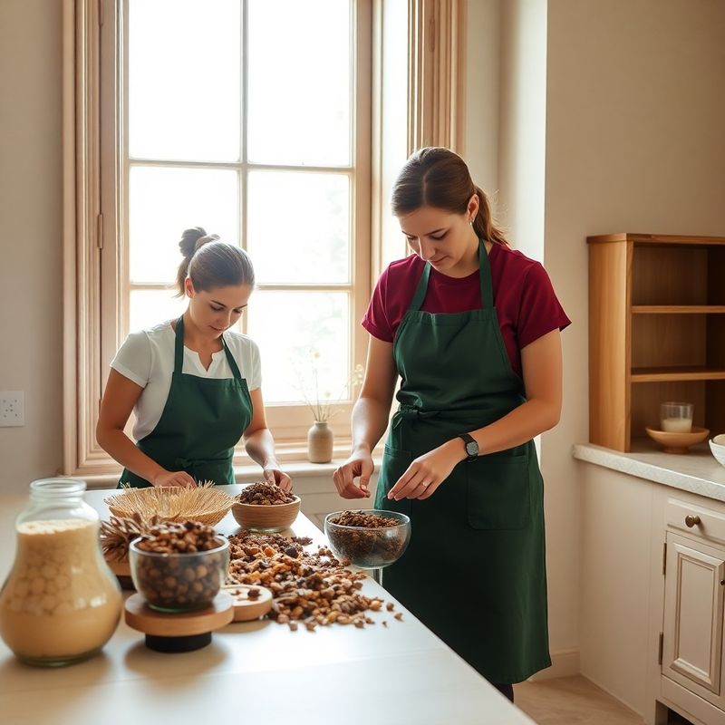 Two spa therapists in forest-green aprons arranging dried botanical ingredients on a cream-painted timber counter