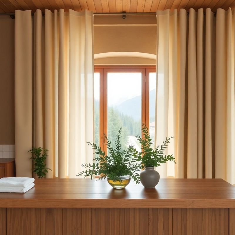 Warm spa reception with cream linen drapes and forest-green botanical arrangements at Vaughn & Sons