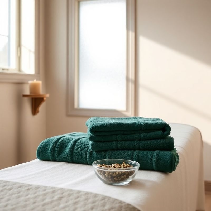 Treatment room with pale cream walls, forest-green towels, and dried alpine herbs