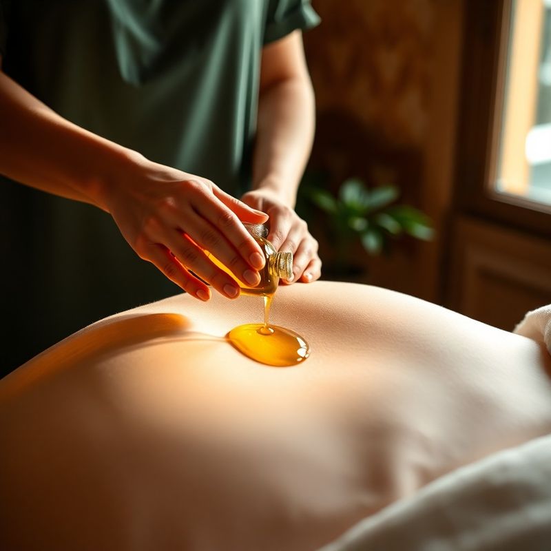 Therapist hands applying warm arnica-infused oil during a botanical massage